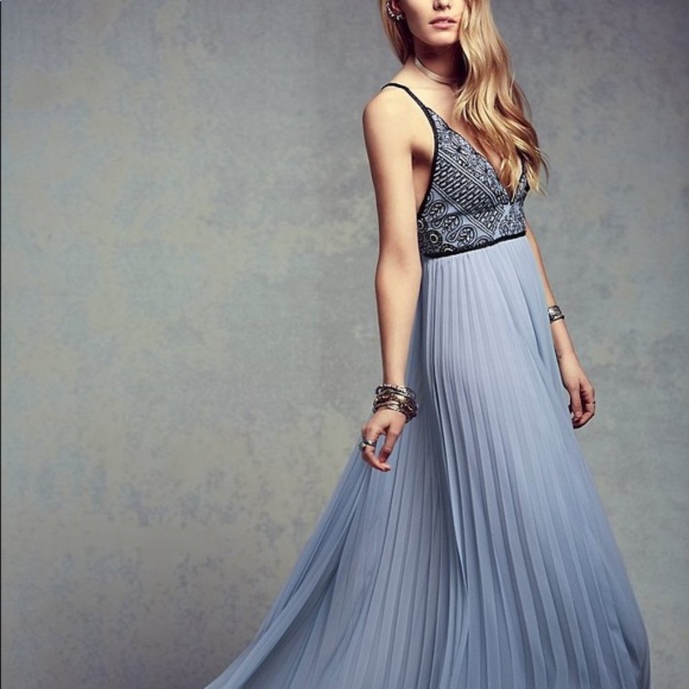 FREE PEOPLE baby blue embroidered Belle of the Ball pleated maxi dress